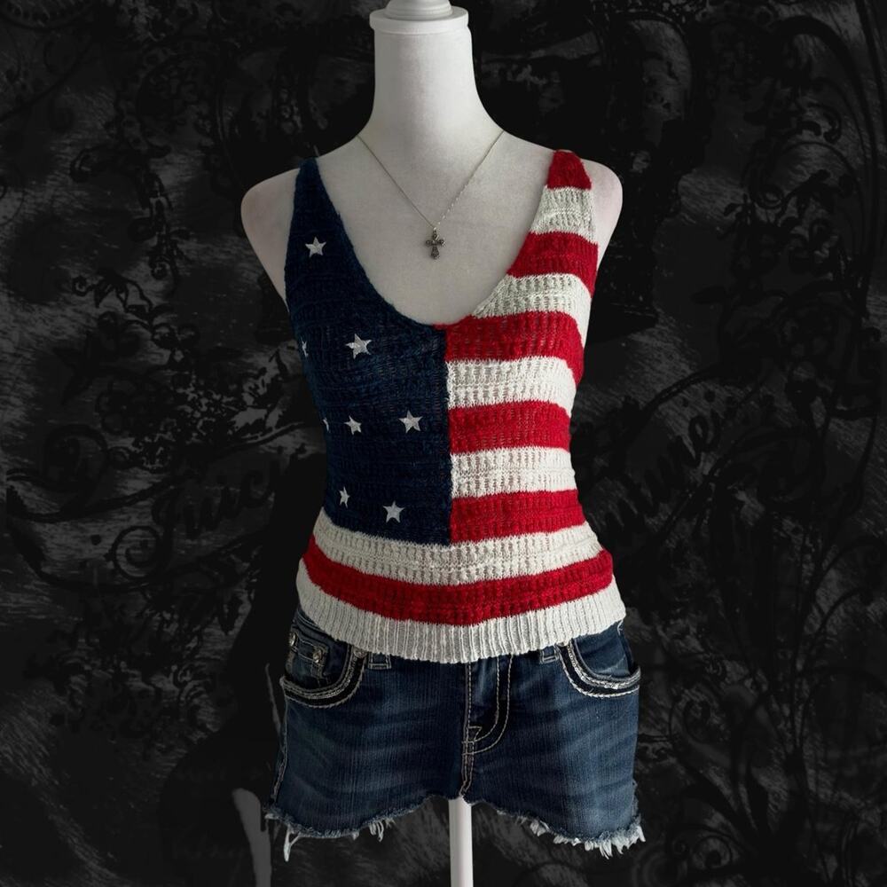 crochet open knit usa flag stars and stripes sleeveless cami tank top